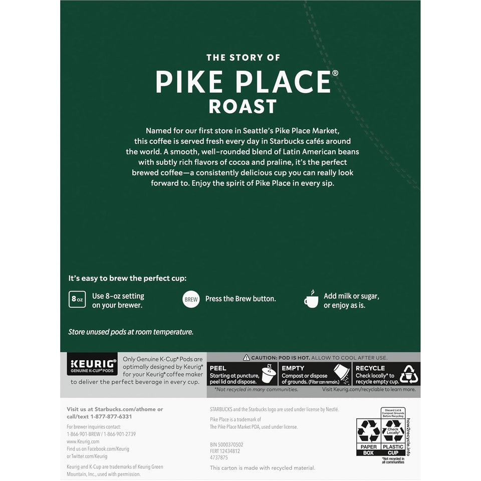 Starbucks K-Cup Coffee Pods, Medium Roast Hot or Iced Coffee, Pike Place Roast, 96 Keurig Pods