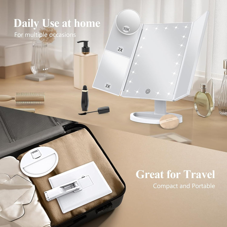 HUONUL Makeup Mirror, Vanity Mirror with Lights, 2X/3X/10X Magnification, Touch Control, Trifold, Dual Power Supply, Gifts for Women, Wife, Mom, Girls,Dorm Room Essentials