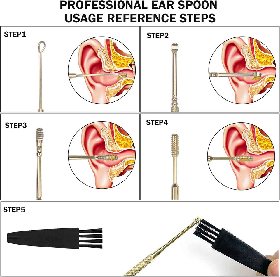 hion 6 pc extended ear wax removal kit with 316l stainless steel curette and cleaning brush for kid adult gold