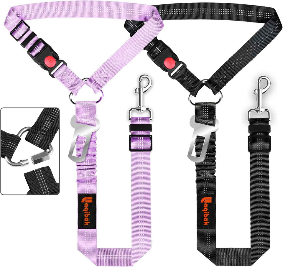 Removable Dog Seat Belt Harness for Car, 3 in 1 Pet Dog Car Seatbelt Leash, Retractable Restraint Secures to Vehicle Headrest & Adjustable Reflective Bungee Dog Seatbelt Tether, Blue and Black