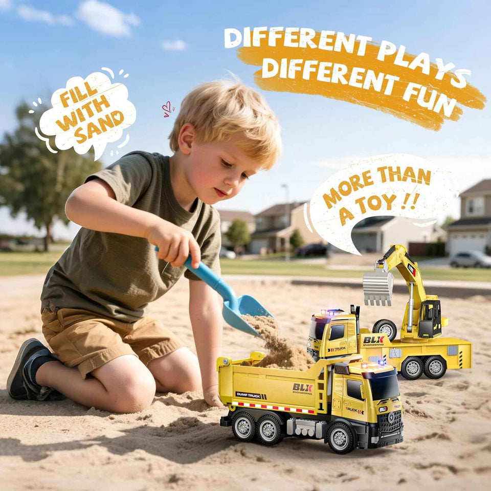 4 Pcs Alloy Construction Truck Toys Gifts For 2 3 4 5 Year Old Boys, 9" Construction Vehicles Toys With Light & Sound, Include Excavator, Crane, Dump and Mixer, Toys for Boys Toddler Kids 2-4 3-4 4-6
