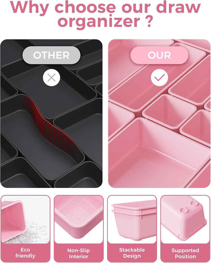 25 PCS Plastic Drawer Organizers Set, 4-Sizes Vanity and Makeup Organizer, Desk and bathroom Drawer Organizer Trays, Organizers and Storage for Makeup, Jewelry, Gadgets, Utensils (Pink)