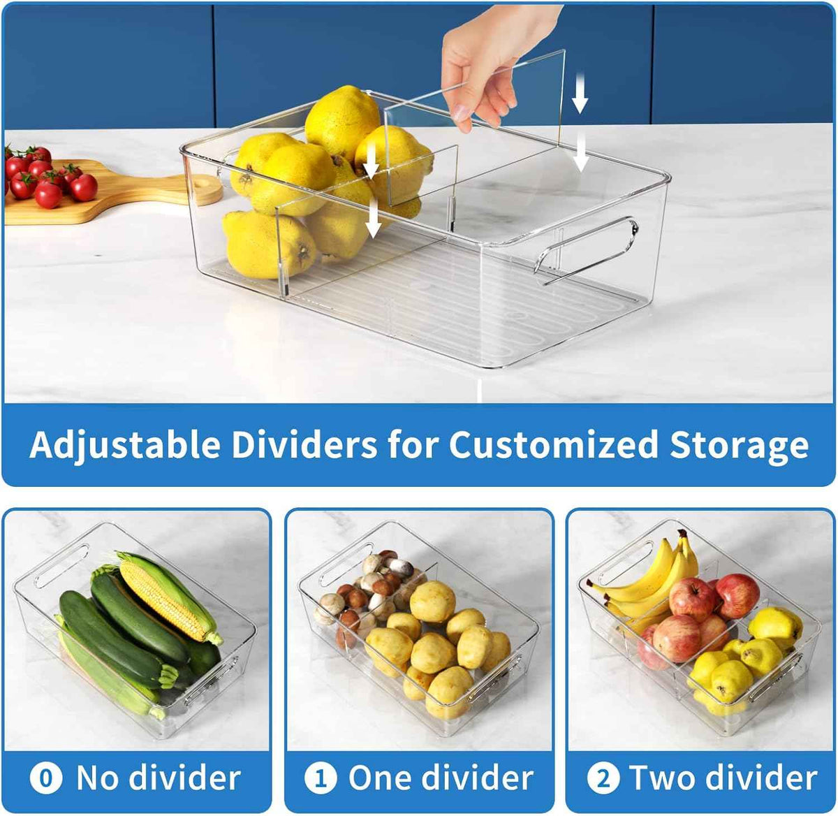 6-pack clear plastic pantry organizers and storage with 2 dividers for kitchen fridge organization