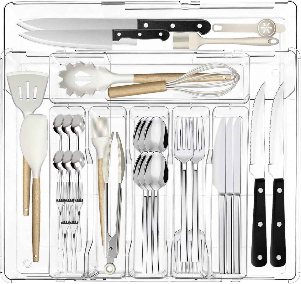 Expandable Silverware Organizers for Kitchen Drawer, Clear Utensil Drawer Organizer Tray, Adjustable Cutlery Flatware Holder for Spoon Fork Knife, Plastic Spatula Tools Gadgets Storage Divider