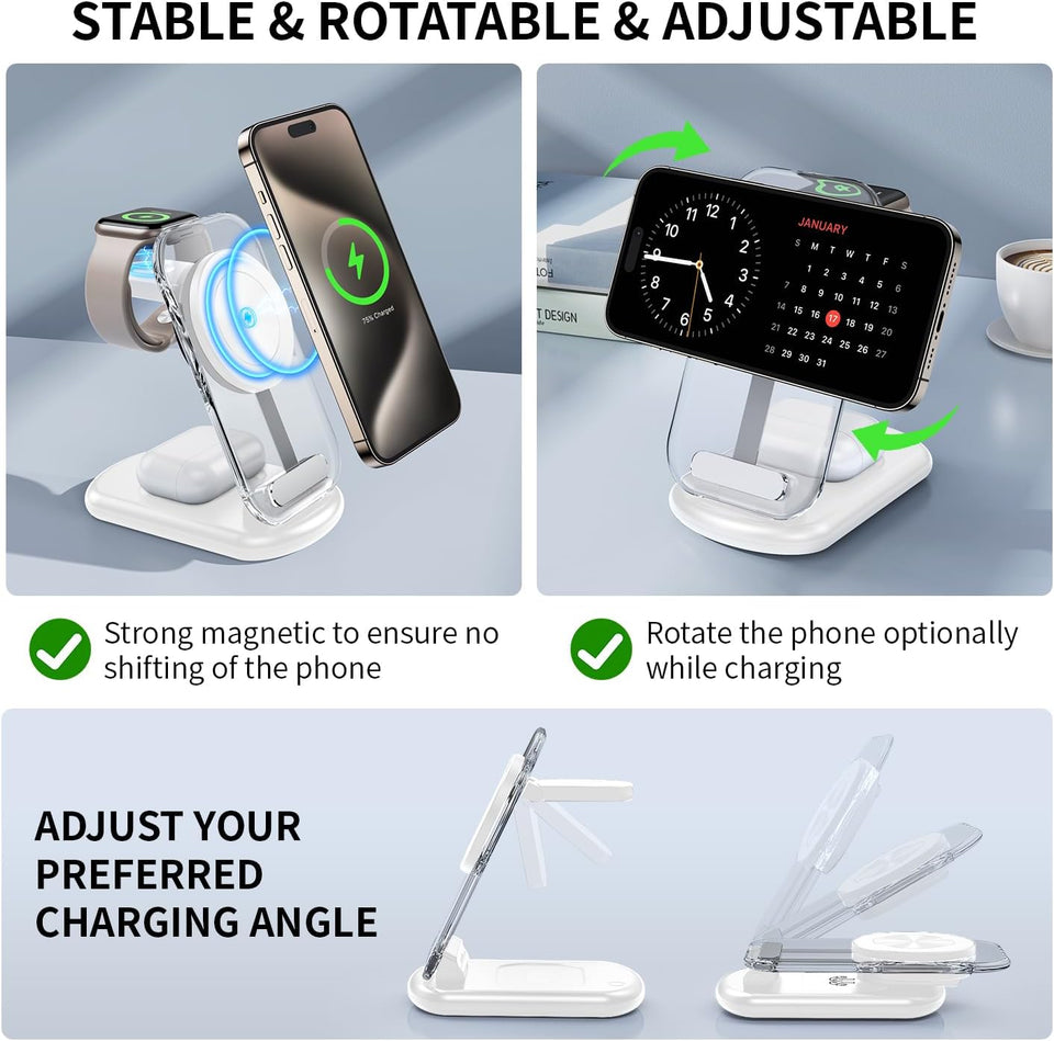2025 Traveling Wireless Mag-Safe Fast Charging Station,Magnetic 3 in 1 Charger with Light for iPhone 17 16 15 14 13 12 Pro Max Plus,Apple Watch& Air pods 4 3 2 Pro-Gifts for Wife & Husband(White) - Zynora
