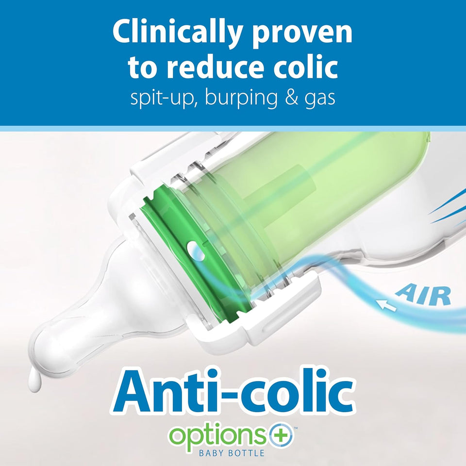 Dr. Brown's Natural Flow Anti-Colic Options+ Narrow Baby Bottle, 4 oz/120 mL, with Level 1 Slow Flow Nipple, 0m+, 4 Pack
