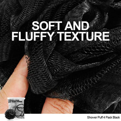 Shower Puff 4 Pack Black Bath Sponge Shower Loofahs Pouf Ball Nature Bamboo Charcoal Mesh Bulk Puffs Large, Shower Essential Skin Care by WhaleLife