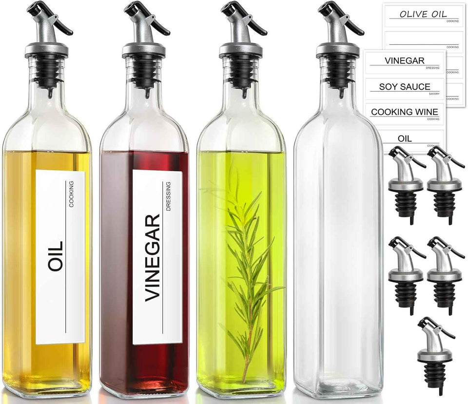 GMISUN Olive Oil Dispenser for Kitchen, 4 Pack 17 fl oz Glass Oil Dispensers Bottle, Cooking Soy Sauce Bottle Container Cruet with Plastic Pourer Spout, Funnel and Labels, Clear