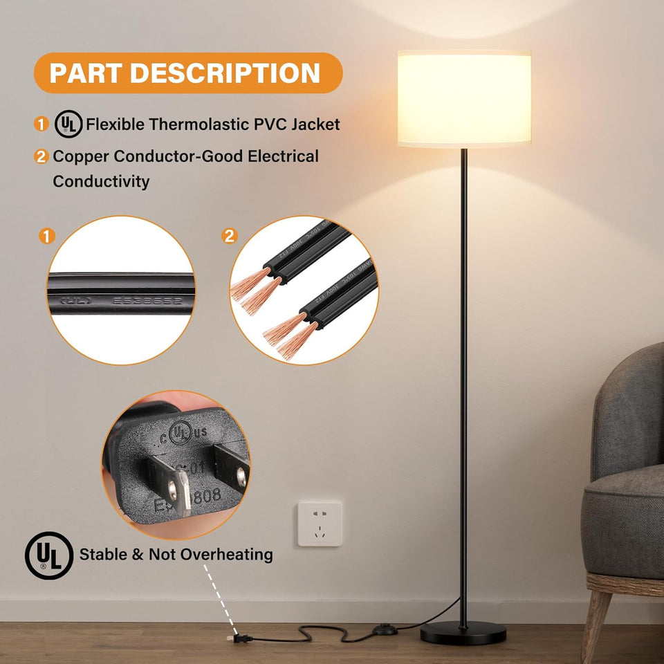 Modern Floor Lamp Simple Design with White Shade, Foot Pedal Switch, 60" Small Tall Lamps for Living Room Bedroom Office Dining Room Kitchen, Black Pole Lamp(Without Bulb)