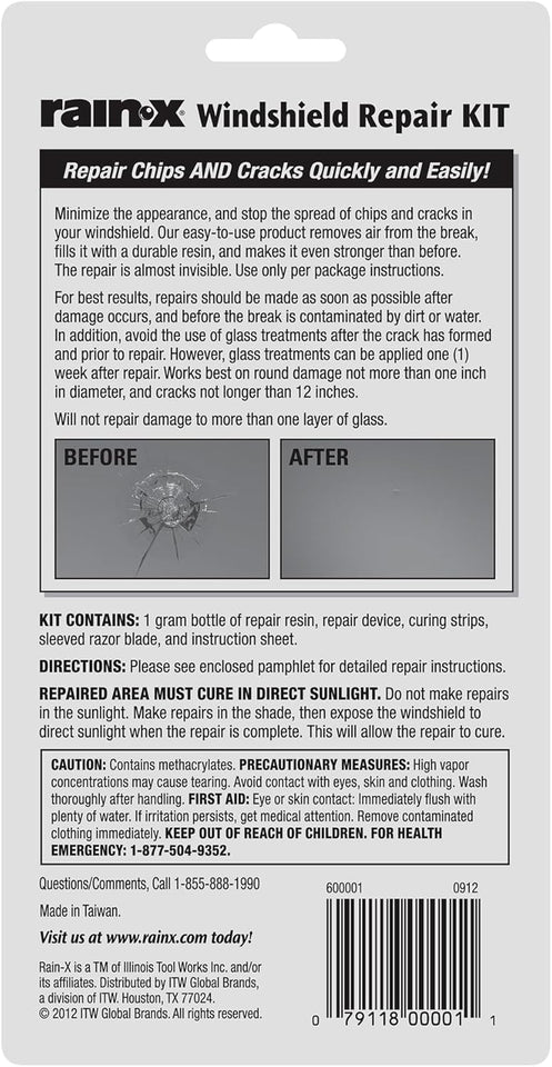 Rain-X 600001 Windshield Repair Kit - Quick and Easy Durable Resin Based Windshield Repair Kit for Chips and Cracks, Good for Round Damage Below 1" in Diameter and Cracks Smaller Than 12" in Length