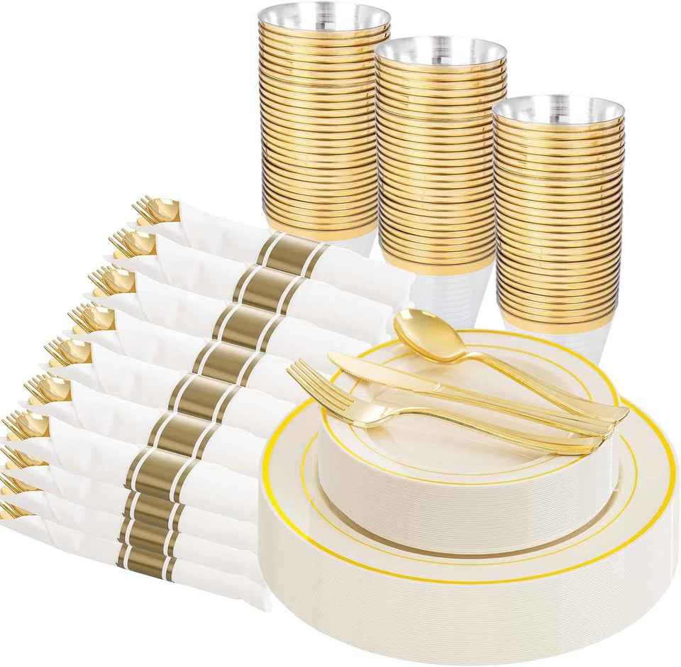 WELLIFE 700 Pieces Silver Plastic Dinnerware Set for 100 Guests - Includes Plates, Cups, Napkins, and Disposable Cutlery - Elegant White & Silver Design, Perfect for Parties and Events