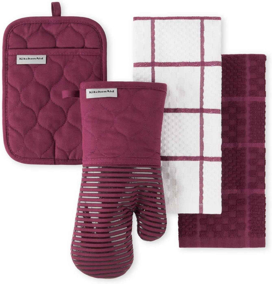 KITCHENAID Quilted Cotton Terry Cloth Oven Mitt, Pot Holder, Kitchen Towel 4-Pack Set, Heat Resistant, Silicone Grip, 16"x26", 7"x13" & 7"x10", Milkshake