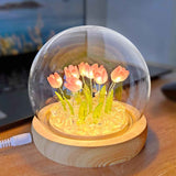 Flower night light with 10 led tulip, 3.93 inch glass cover, wooden base and usb plug for home decor