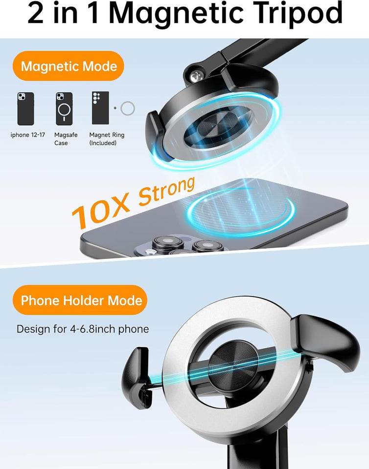 70" Magnetic Phone Tripod, Selfie Stick Tripod for iPhone Magsafe with Rechargeable Remote & 2 in 1 Magnetic Holder, Portable Cellphone Stand for Recording Travel, Compatible with iPhone and Android