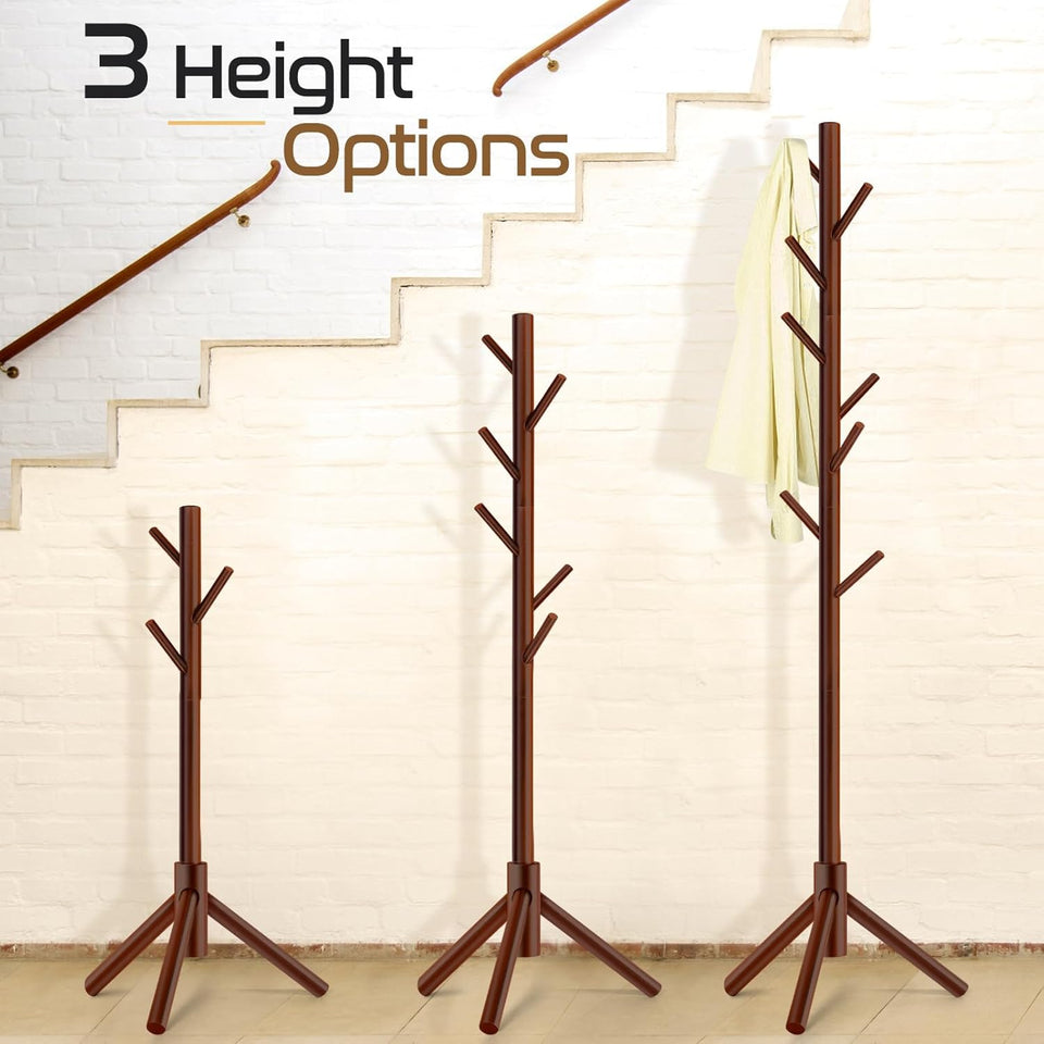 Solid Wooden Coat Rack Freestanding, New Zealand Pine Coat Tree with 8 Hooks & 3 Adjustable Sizes for Coats, Hats, Handbags and Scarves, Space Saving for Entryway/Office/Bedroom (Brown)