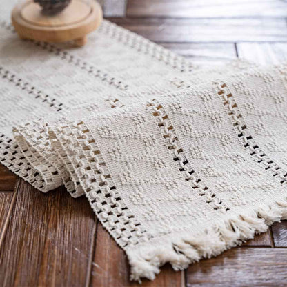 Alynsehom Macrame Table Runner Cream Beige Boho Table Runners with Tassels Hand Woven Cotton Table Runner Rustic Farmhouse Table Runners for Bohemian Kitchen Dining Table(12x71in)