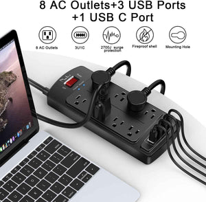 nuetsa surge protector power strip with 8 outlets and 4 usb ports, 6 feet cord, 1625w, 2700 joules, etl listed, black