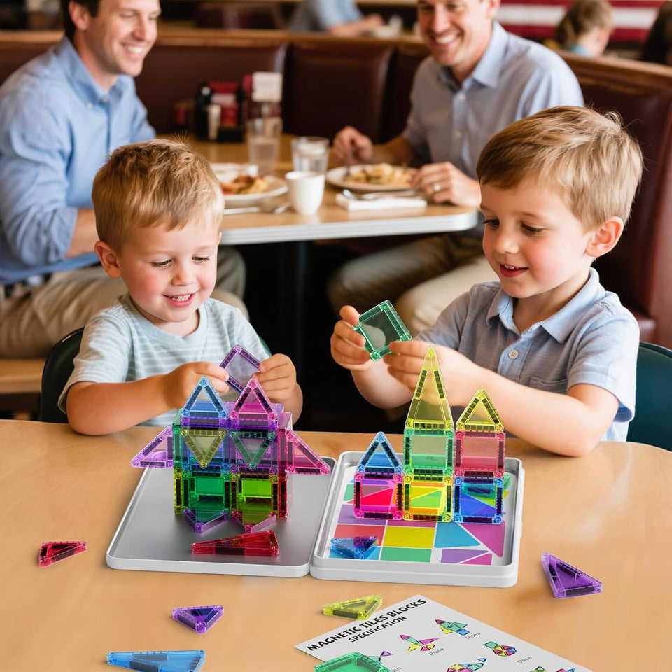 42PCS Mini Magnetic Tiles Travel Set with Iron Storage Box - Portable STEM Building Blocks for Kids 3-8, Montessori Educational Magnet Toys for Airplane, Car Rides & On-The-Go Play