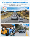 dash cam blue front and rear 2.5k+1440p triple car camera 3 channel with 32gb card