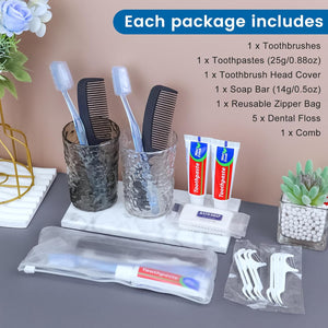 hqsl 10-set personal hygiene kit, disposable toothbrushes with toothpaste floss comb soap and cover for travel, homeless, women, men