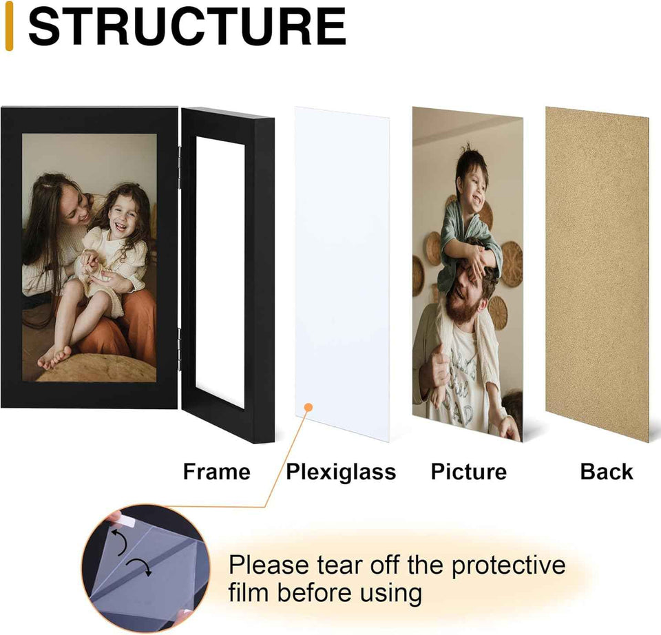 decorUhome double 4x6 picture frame vertical engineered wood bifold photo frame with plexiglass tabletop display black