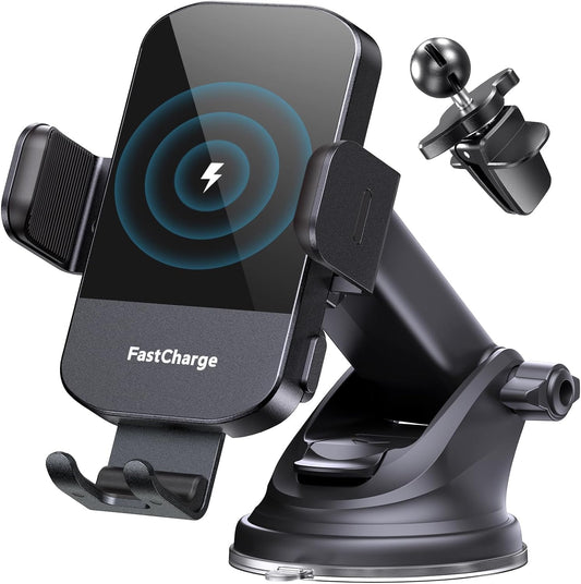 CHGeek Wireless Car Charger, 15W Fast Charging Auto Clamping Phone Holders for Your Car Phone Mount for Car fit for iPhone 17 16 15 14 13 12 Pro Max 11 XR XS, Samsung Galaxy S25 Ultra S24 S23, Black