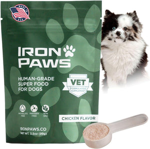 Iron Paws human-grade superfood powder for dogs dental health longevity hip joint gut allergies immune support skin coat 3.5 oz