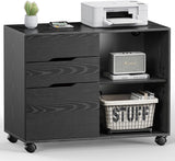 DUMOS Lateral File Cabinet with 3 Drawers Rolling Filing Cabinets Under Desk Storage Printer Stand Wood Organizer with Wheels Adjustable Shelf for Office Home Small Space, Black
