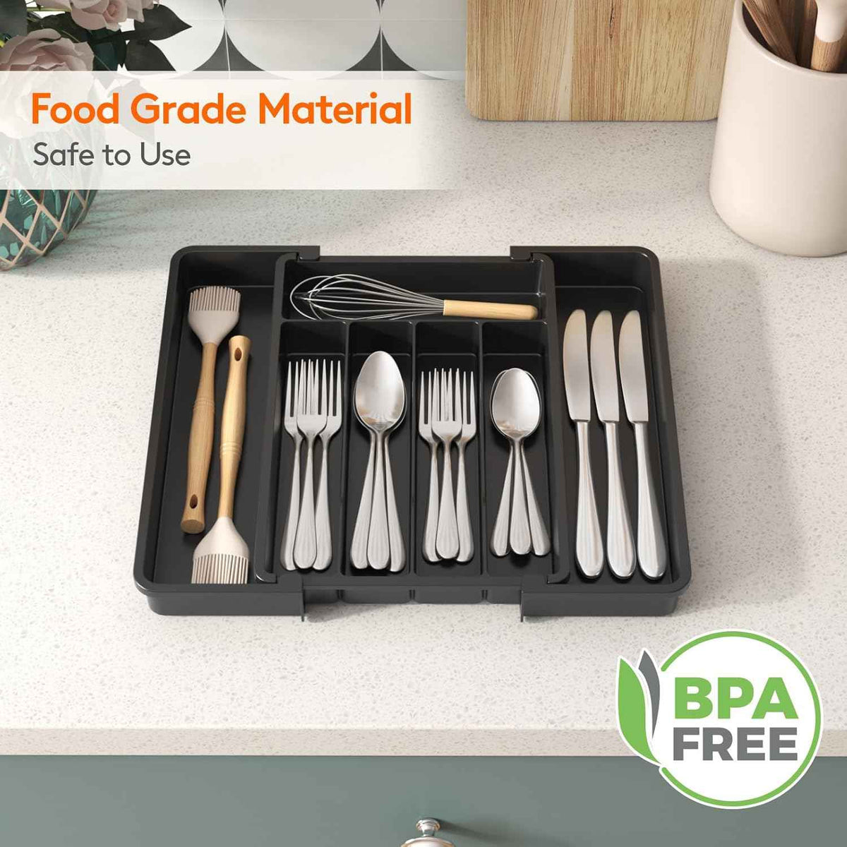 Lifewit Silverware Drawer Organizer, Expandable Utensil Tray for Kitchen, BPA Free Flatware and Cutlery Holder, Adjustable Plastic Storage for Spoons Forks Knives, 8.5-14 x 12", Black
