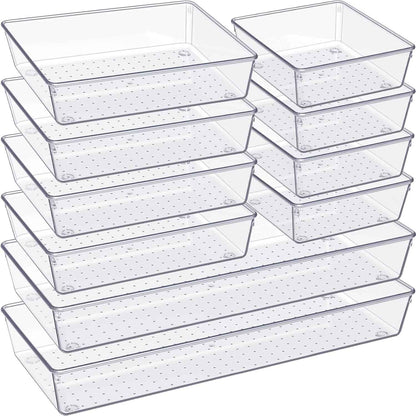 Criusia 10 Pack Large Clear Plastic Drawer Organizer Set 3 Size Versatile Bathroom Vanity Organizer Trays