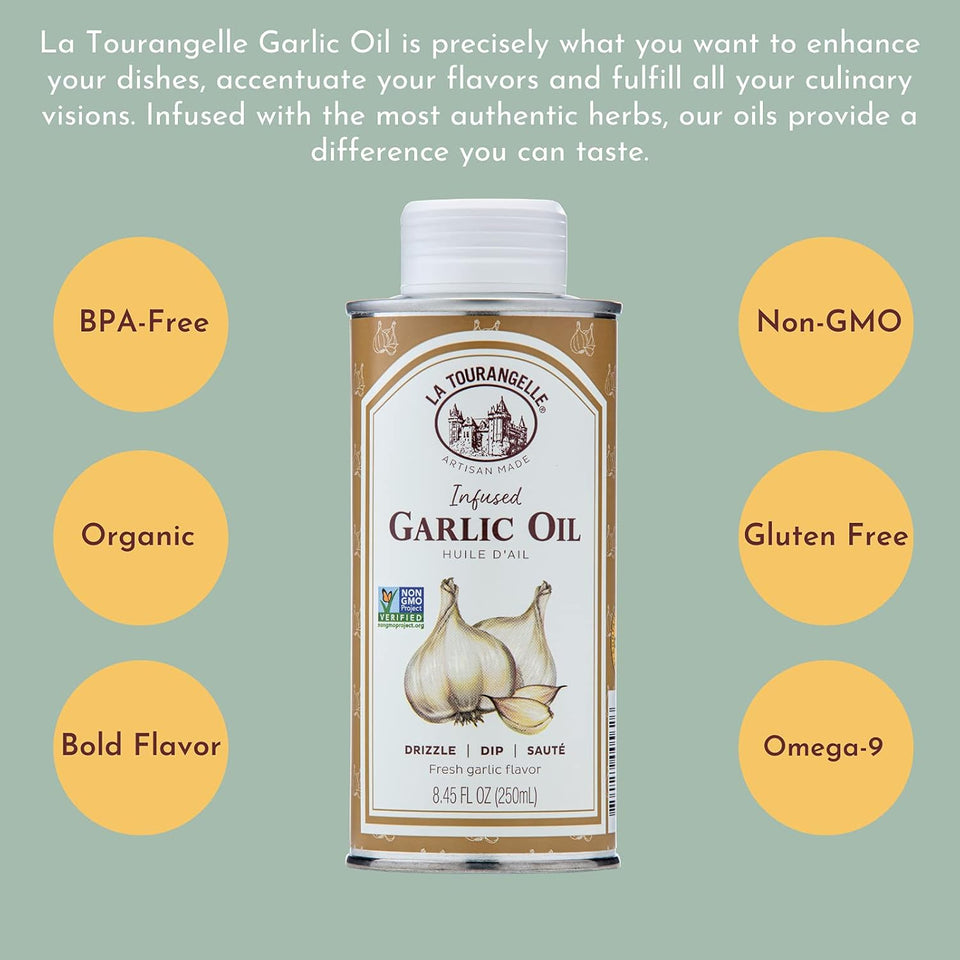 la tourangelle garlic oil high oleic oil for cooking pastas salad dressings and drizzling on popcorn 8.45 fl oz
