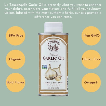 La Tourangelle, Garlic Oil, High Oleic Oil for Cooking Pastas, Salad Dressings, Drizzle on Popcorn, Irresistible Aroma and Flavor, 8.45 Fl Oz