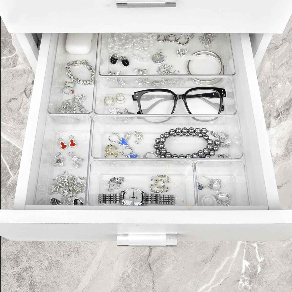 Drawer Organizers Set of 15, 4 Sizes Clear Plastic Drawer Organizers and Storage Bins for Kitchen, Bathroom, Office, Dresser Desk Drawer Organizer Tray for Jewelry, Makeup, Junk, Gadgets