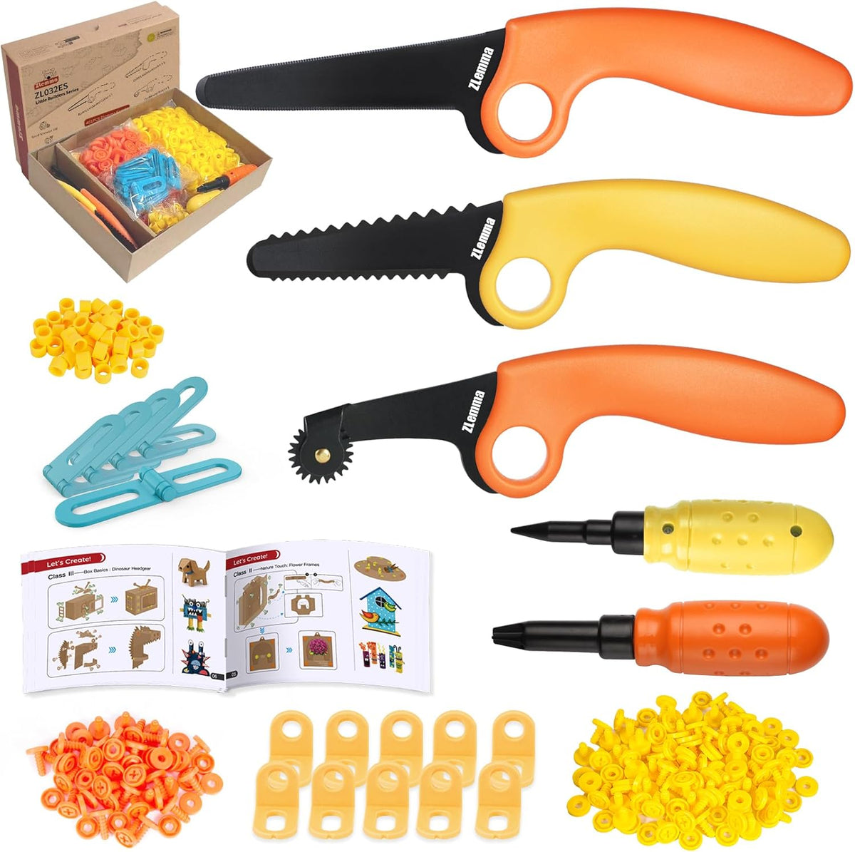 Cardboard Construction Kit - 401 PCS Kids Building Set with Safe Serrated Cutter, Crease Roller, Screws & Nuts, STEM Upcycled Tool for DIY Cardboard Projects, Engineering & Creativity