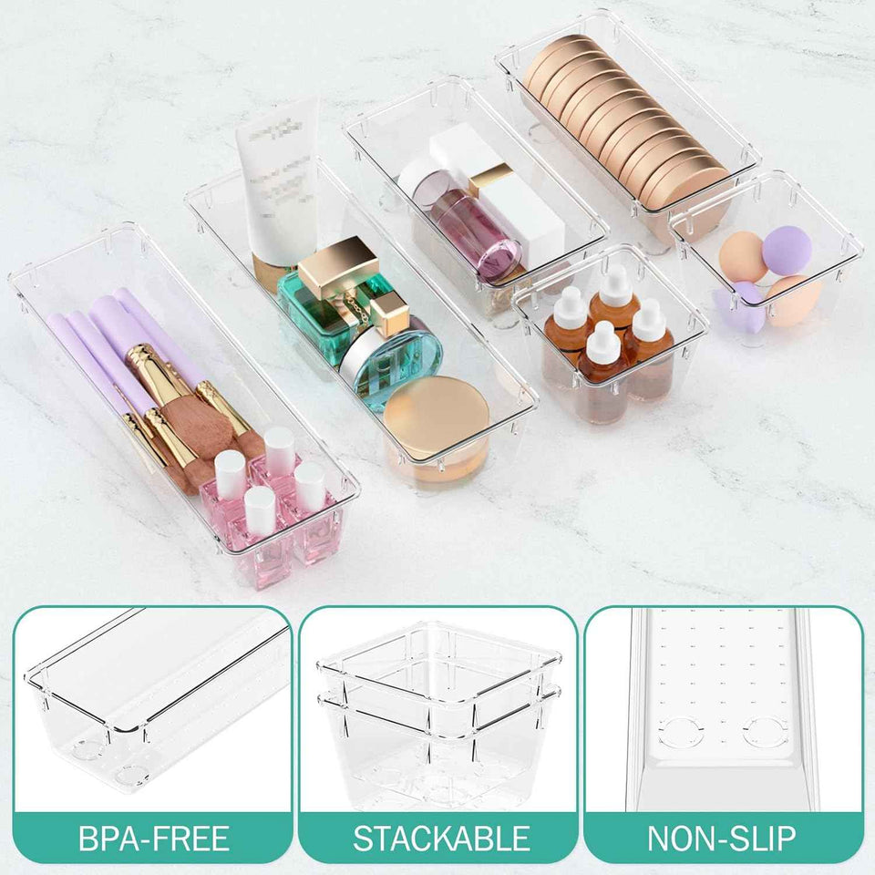 WOWBOX Clear Drawer Organizer Set, 6 Pack Acrylic Storage Trays with Premium Material and Stackable Design