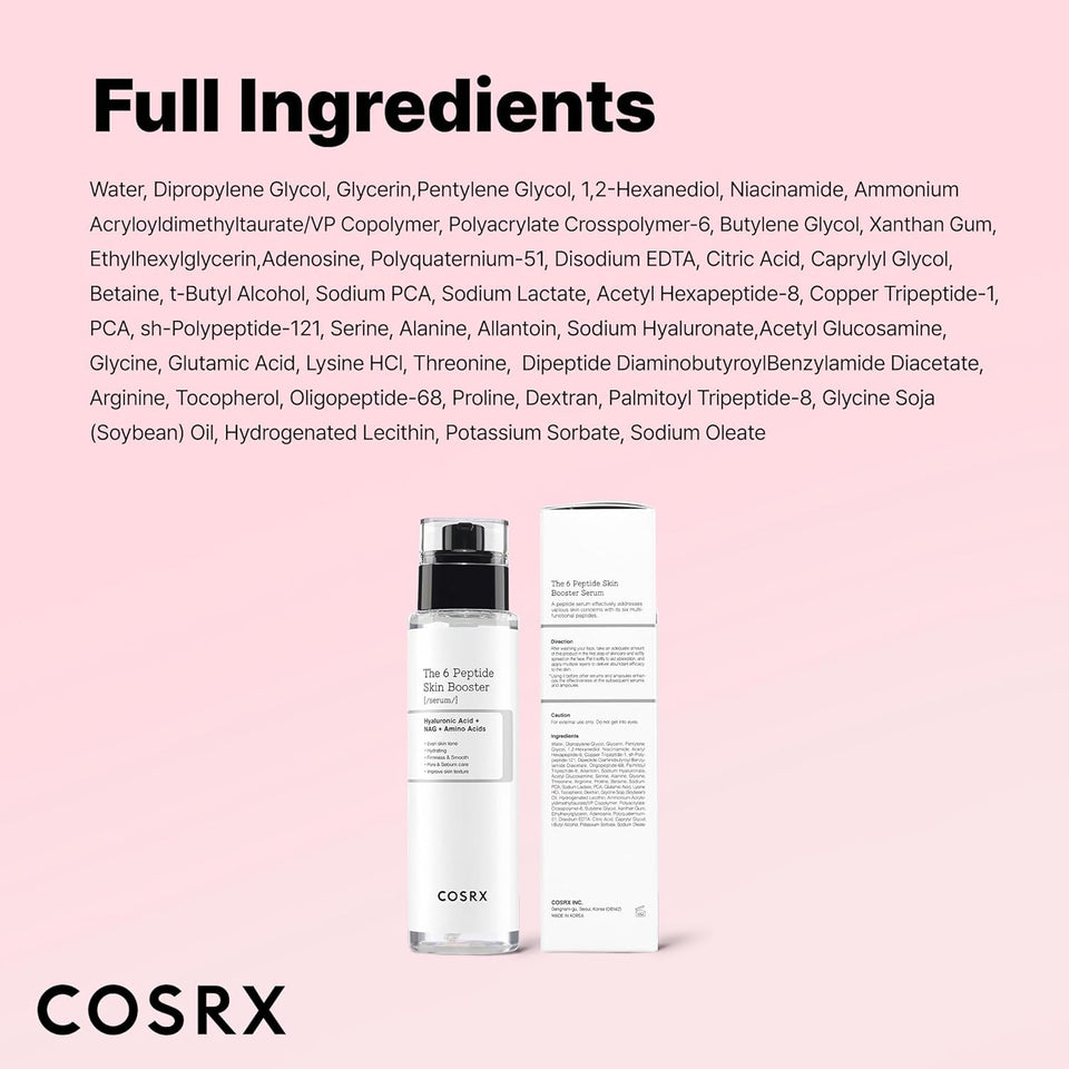cosrx 6x peptide collagen booster toner serum for all skin types with copper peptides, niacinamide, and hyaluronic acid, 150ml