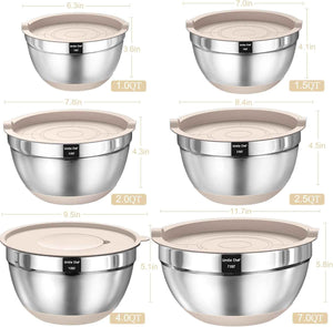 26-piece stainless steel mixing bowls set with airtight lids, grater attachments, and kitchen gadgets, sizes 7, 4, 2.5, 2.0, 1.5, 1QT, non-slip bottoms, great for mixing and serving