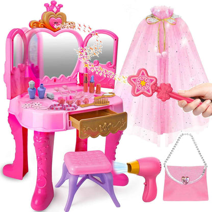 Toddler Vanity Magic Makeup Set Table & Chair Girl Toy Automatically Mirror with Music Light Pink Toys for 2 3 4 Year Old Girl Hair Salon Pretend Play Princess Dress Up Playset Valentine Gift age 3-5