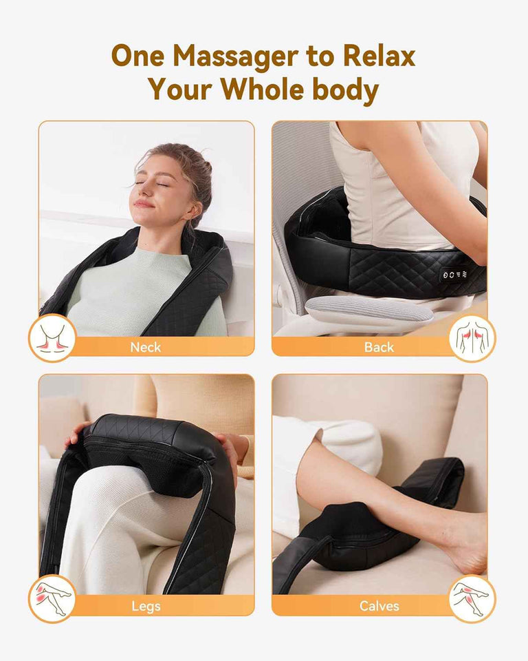 Shiatsu neck and back massager with heat, 4D deep tissue kneading for leg and full body muscle pain relief, ergonomic design