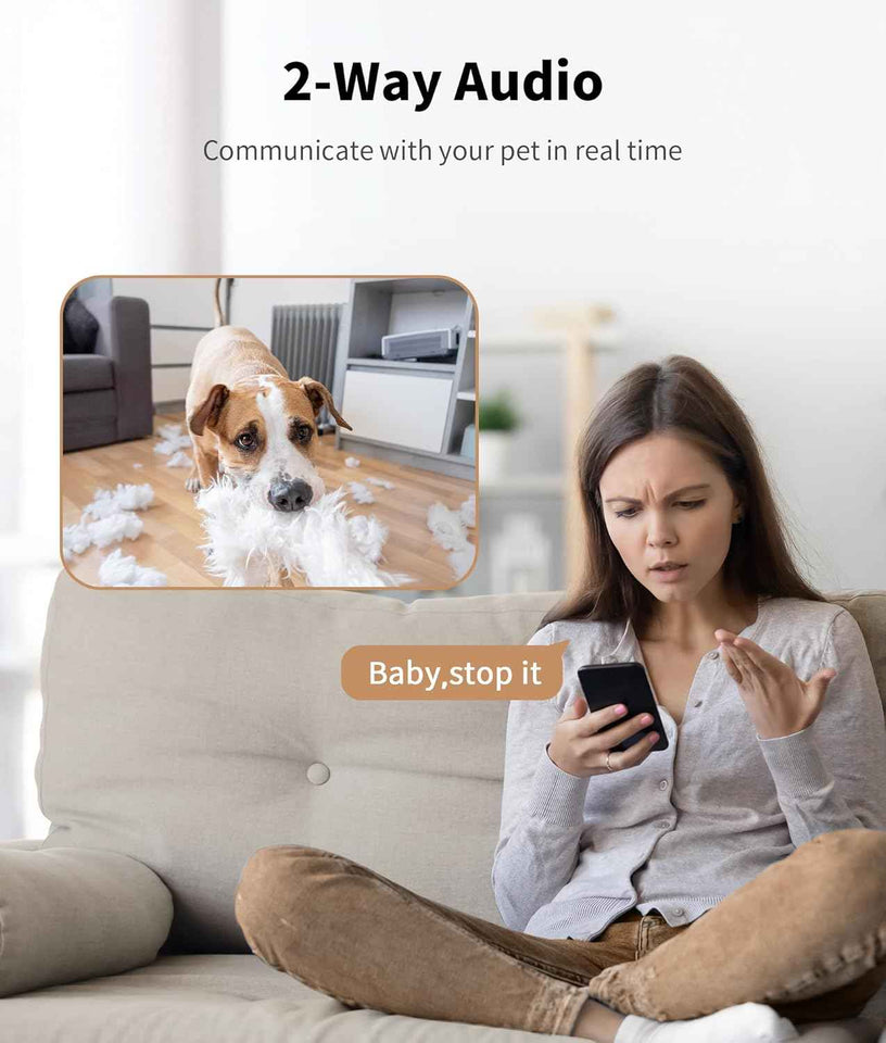 2K pet camera treat dispenser with 360° view, 5G&2.4G WiFi, 2-way talk, motion alerts, and auto tracking for cats and dogs