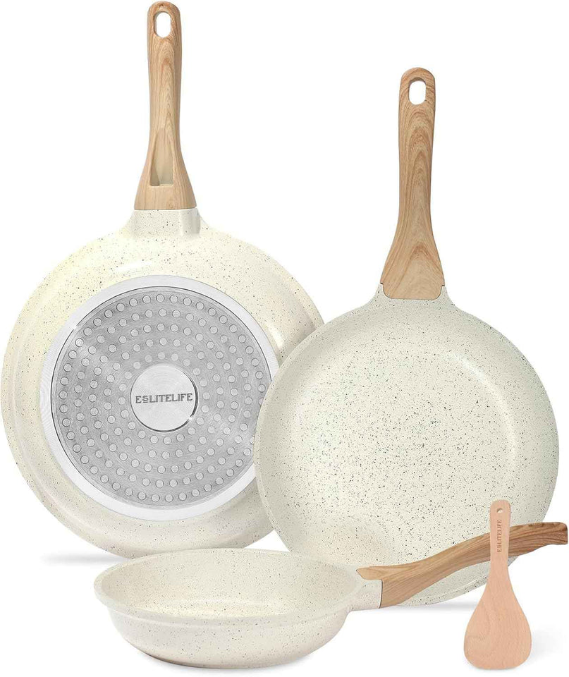 ESLITE LIFE Nonstick Ceramic Frying Pan Skillet, Non-Toxic Egg Omelette Kitchen Cooking Pans Compatible with All Stovetops (Gas, Electric & Induction), PTFE & PFOA Free (White, 8'')