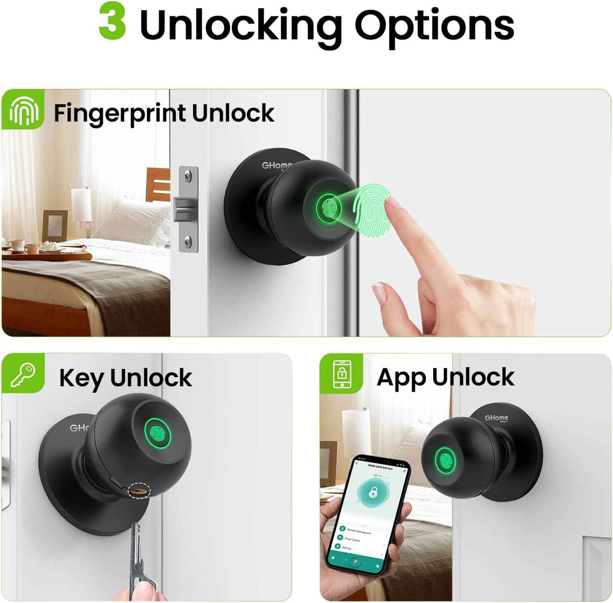 GHome Smart Fingerprint Door Lock, 3 in 1 Smart Fingerprint Door Knob with App Control & Key, Auto Lock, Biometric Thumbprint Door Locks for Bedroom, Garage, Home & Office