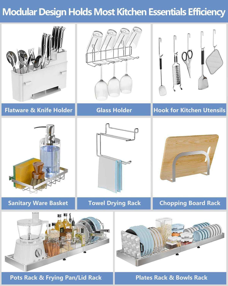3 Tier Extra Large Over The Sink Dish Drying Rack, Expandable Stainless Steel Dish Drainer with Multifunctional Organizer, Space-Saving Above Sink Dish Rack with Large Capacity for Kitchen Counter