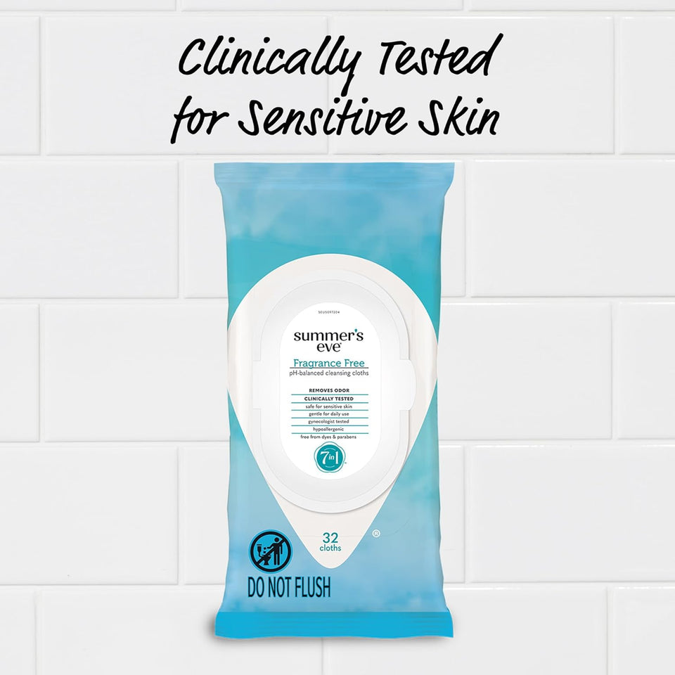 Summer's Eve fragrance-free feminine wipes, gentle pH-balanced micellar water formula for vaginal odor control, resealable pack, 32 wipes