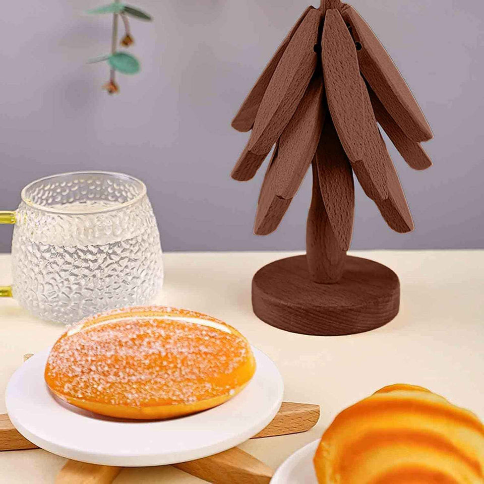 Wooden Cup Coaster Set，Tree Shape Trivet Set,Tree Coasters- 4 Wooden Trivets + 1 Stand stored for hot Dish/Pot/Bowl/teapot/hot Pot Set (Brown)