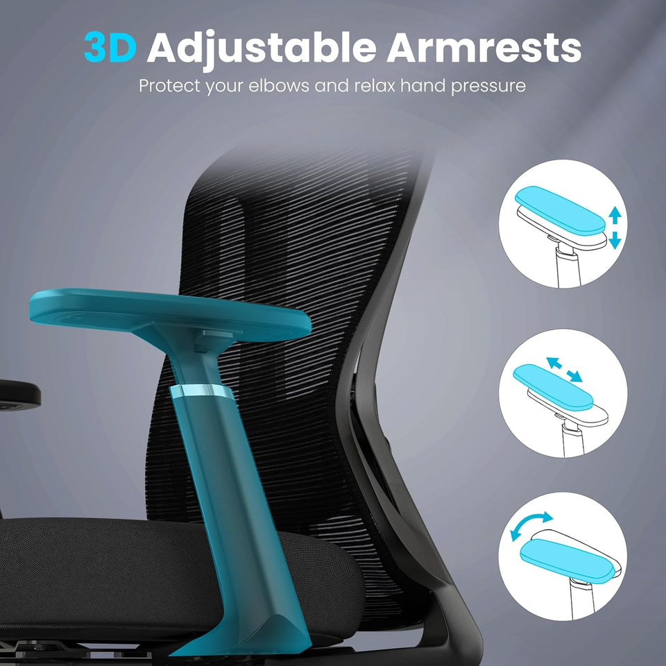Farini Office Chair Ergonomic Desk Chair, High Back Computer Chair with Wheels, Home Sutdy Chair for Heavy People, Office Chair Adjustable Seat Depth, 3D Armrests and Adjustable Headrest, Black