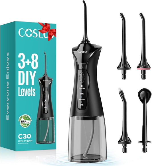COSLUS Water Dental Flosser Pick for Teeth C30(FC5360): 4 Modes Cordless Portable 300ML Larger Tank Water Teeth Cleaner IPX7 Waterproof Flossing Cleaning Picks for Home Travel Black