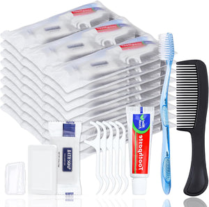 hqsl 10-set personal hygiene kit, disposable toothbrushes with toothpaste floss comb soap and cover for travel, homeless, women, men