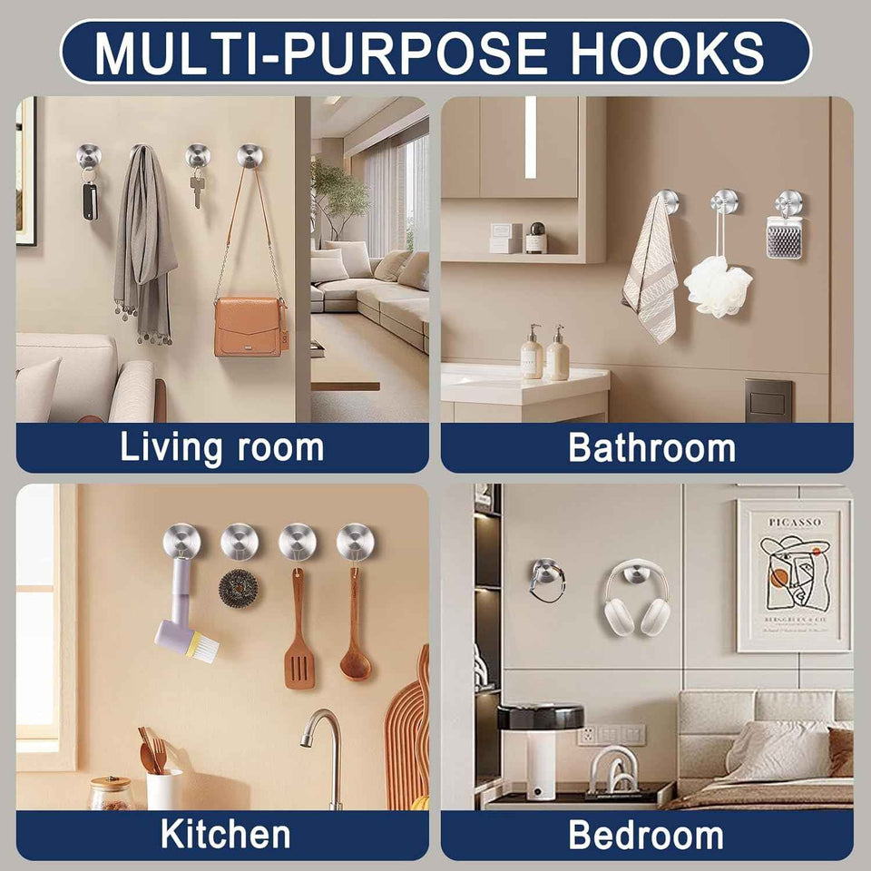 Silver Suction Cup Hooks for Shower Waterproof - Set of 4, No Drill Stainless Steel Towel Hooks for Bathroom Wall, Kitchen, Glass, Mirror, Tile - Ideal for Hanging Towels, Robes, and Loofahs