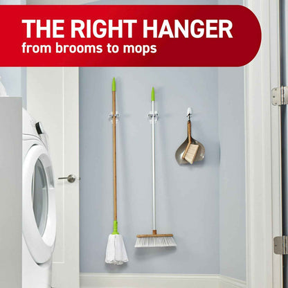 Command Broom and Mop Grippers, 2 Hangers and 4 Strips, Damage-Free Hanging Wall Mount Broom and Mop Holder, Household Cleaning Organizer for Christmas Decorations, Holds up to 4 lb